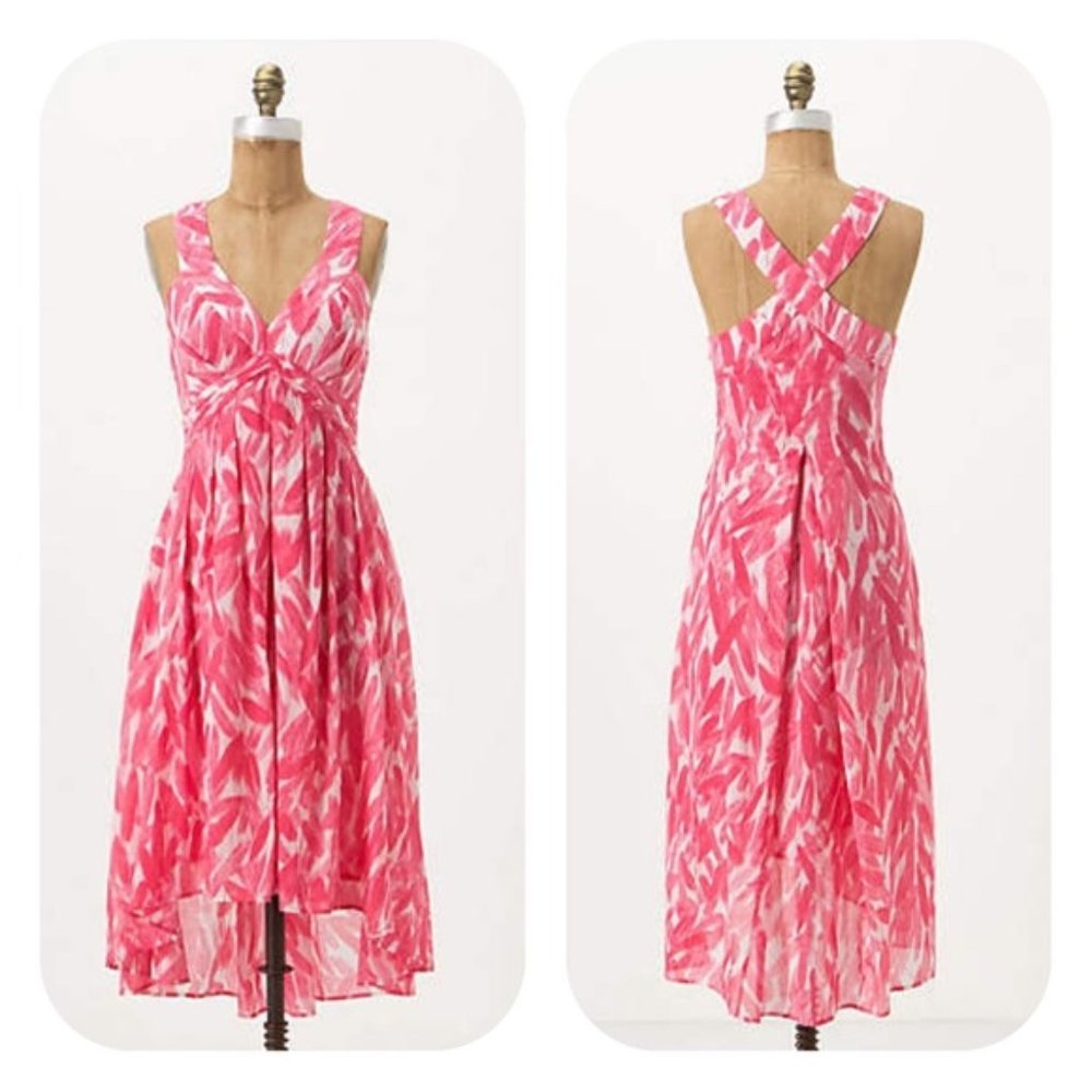 Postmark Anthropologie Empire Waist Feather Print Side Zip Summer Dress Size 00